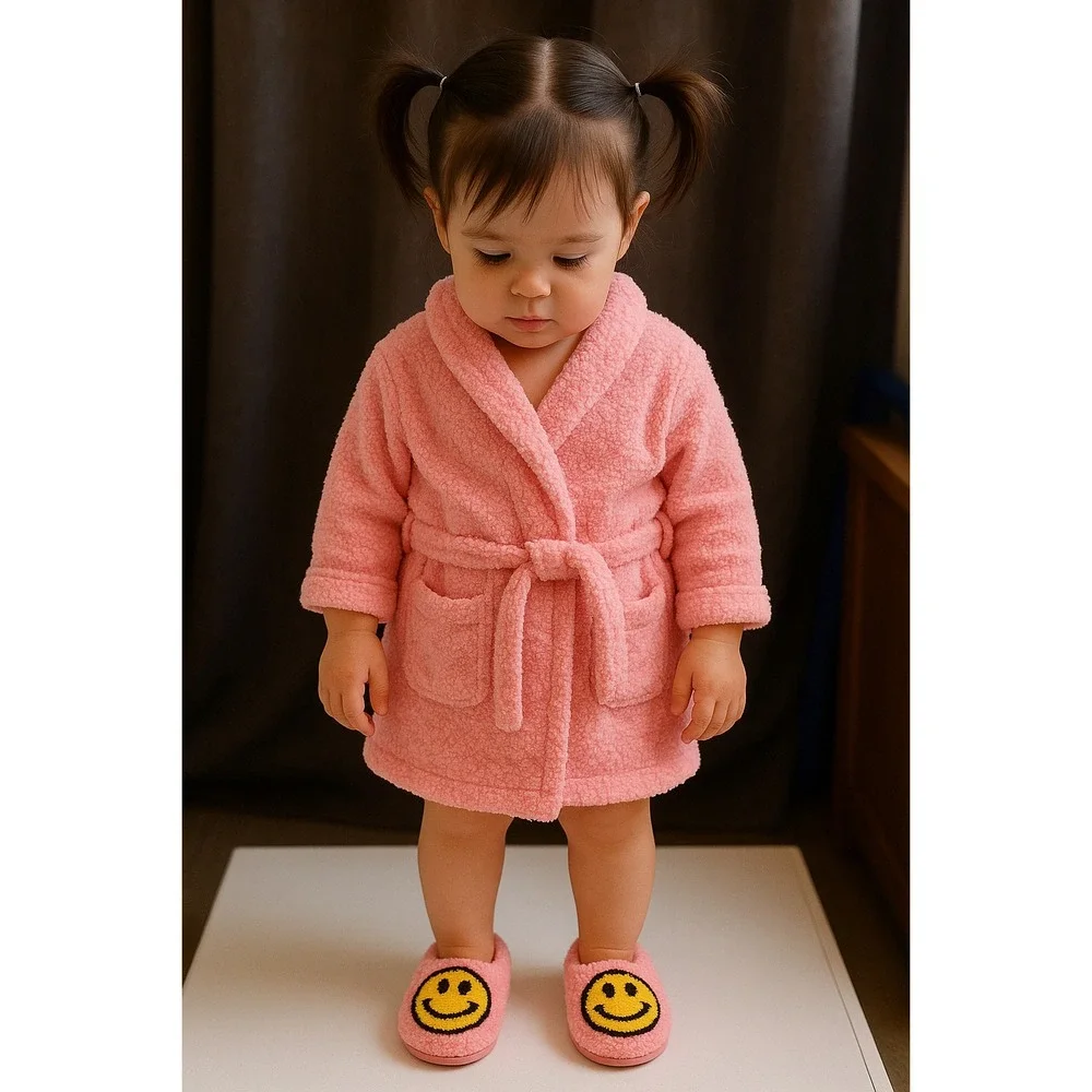 Toddler Girls Smiley Face Fuzzy Slippers Pink‎ Size 9/10 New With Tags